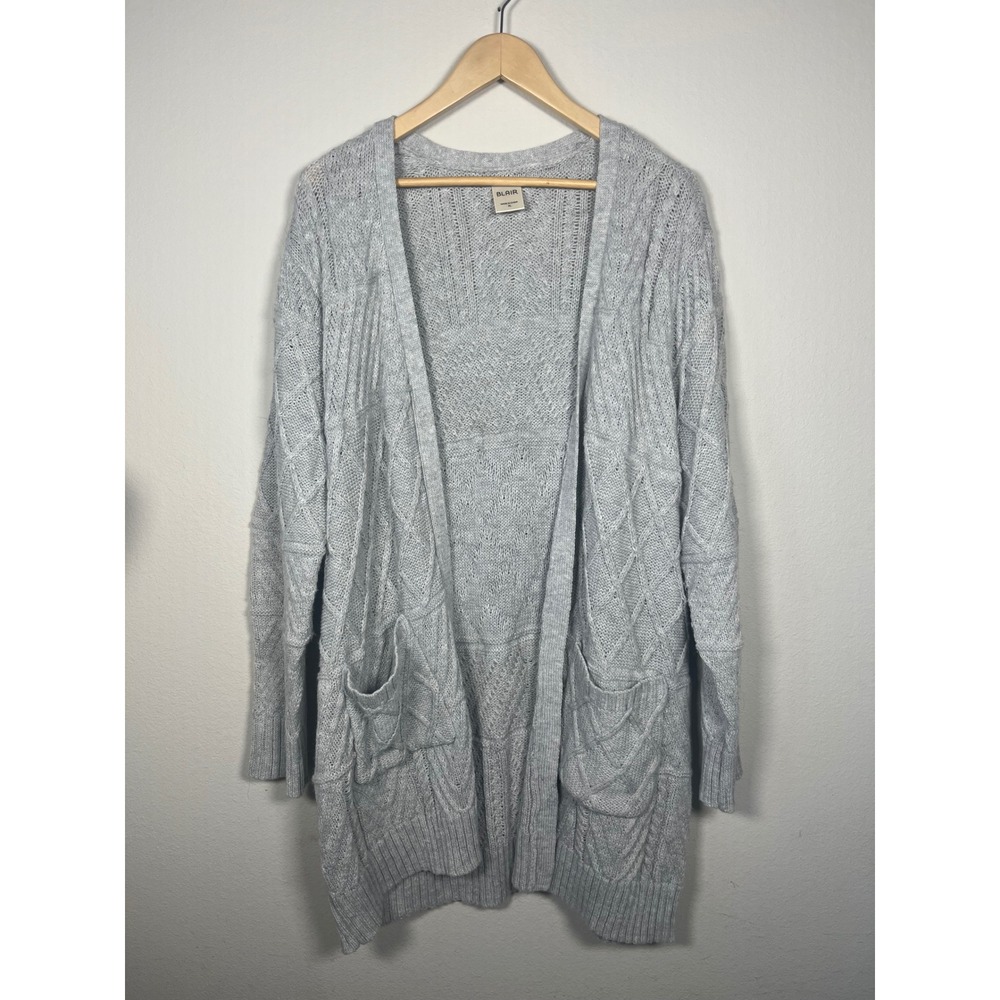Blair Womens XL Light Gray Cable Knit Open Front Longline Cardigan Sweater